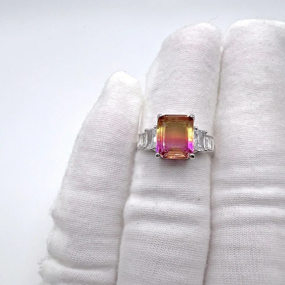 .925 Sterling Silver Padparadscha Sapphire Cz Ring - Picture 16 of 17